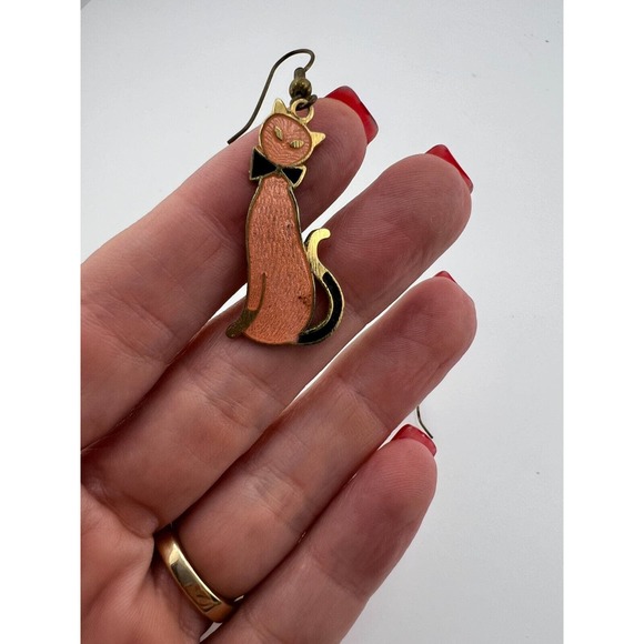 Women's Jewelry Pink Enamel & Gold-Tone Kitty Cat Long Dangle Hoop Earrings - Picture 3 of 4
